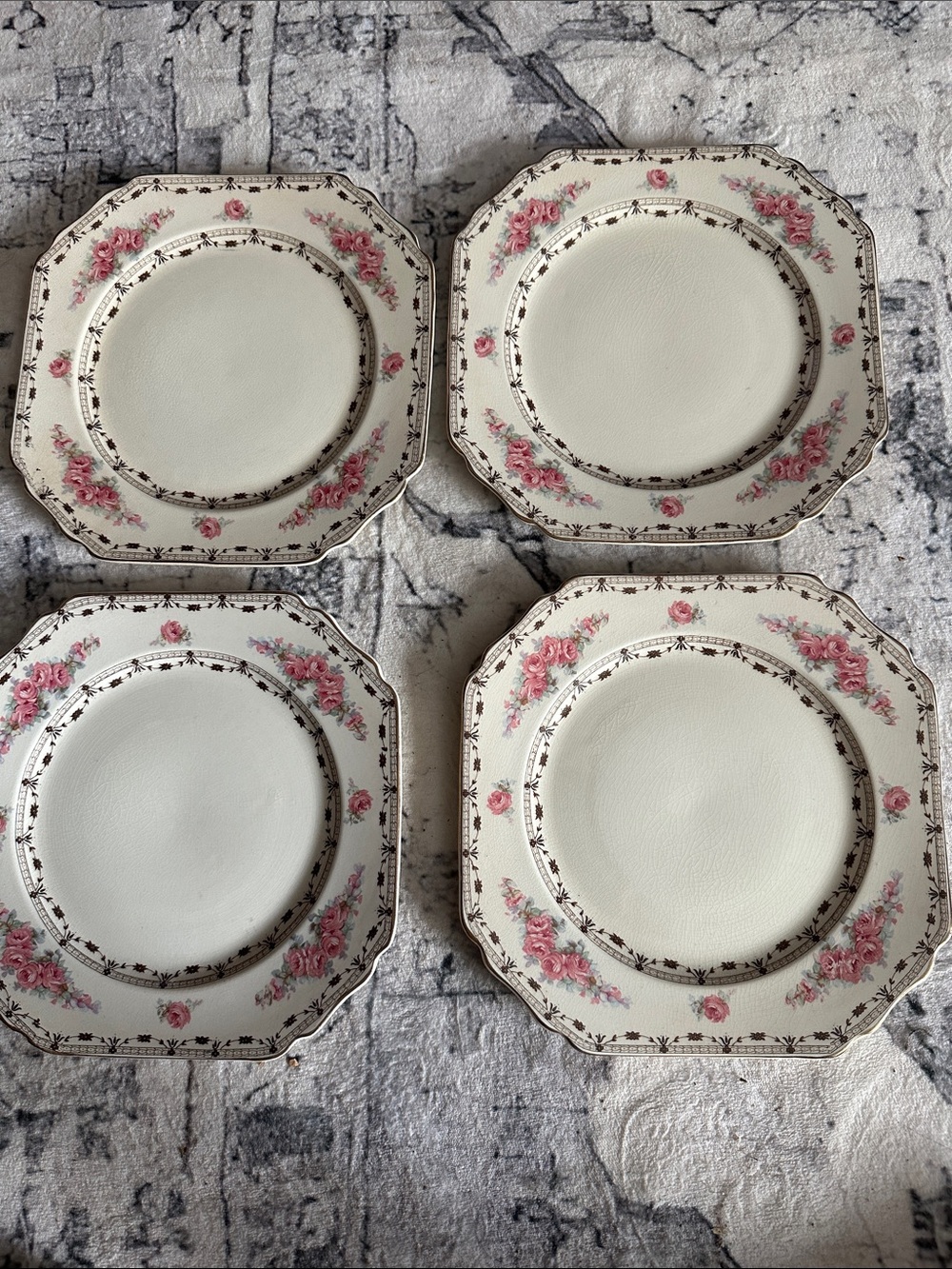 Vintage Floral Square Dinner Plates - Pink Rose on Cream (Set of 4)